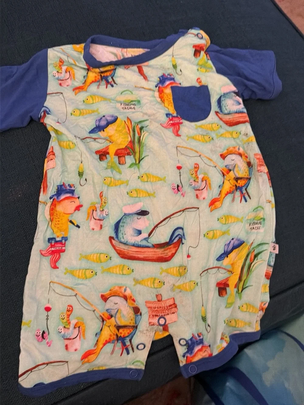 Bamboo Fishing Print Short Sleeve Romper - Blue Trim - 18-24M